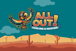 all out logo with desert illustration